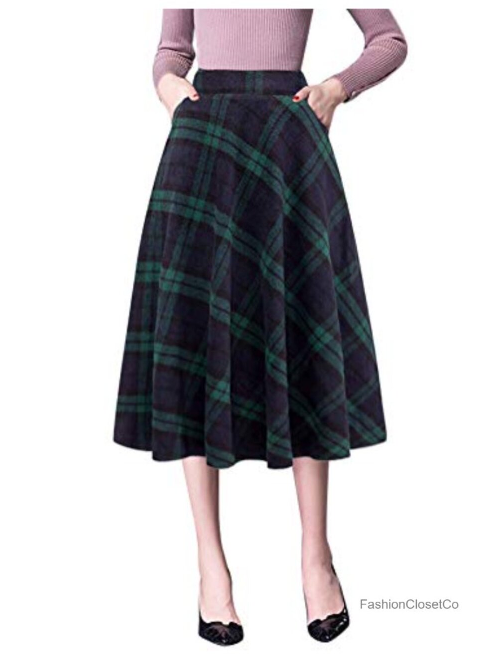 Wool Blend High Waisted Pleated Midi Skirt with Pockets